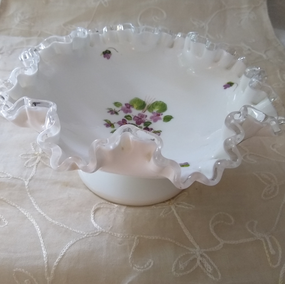 Vintage Fenton silver crest violets in snow dish.